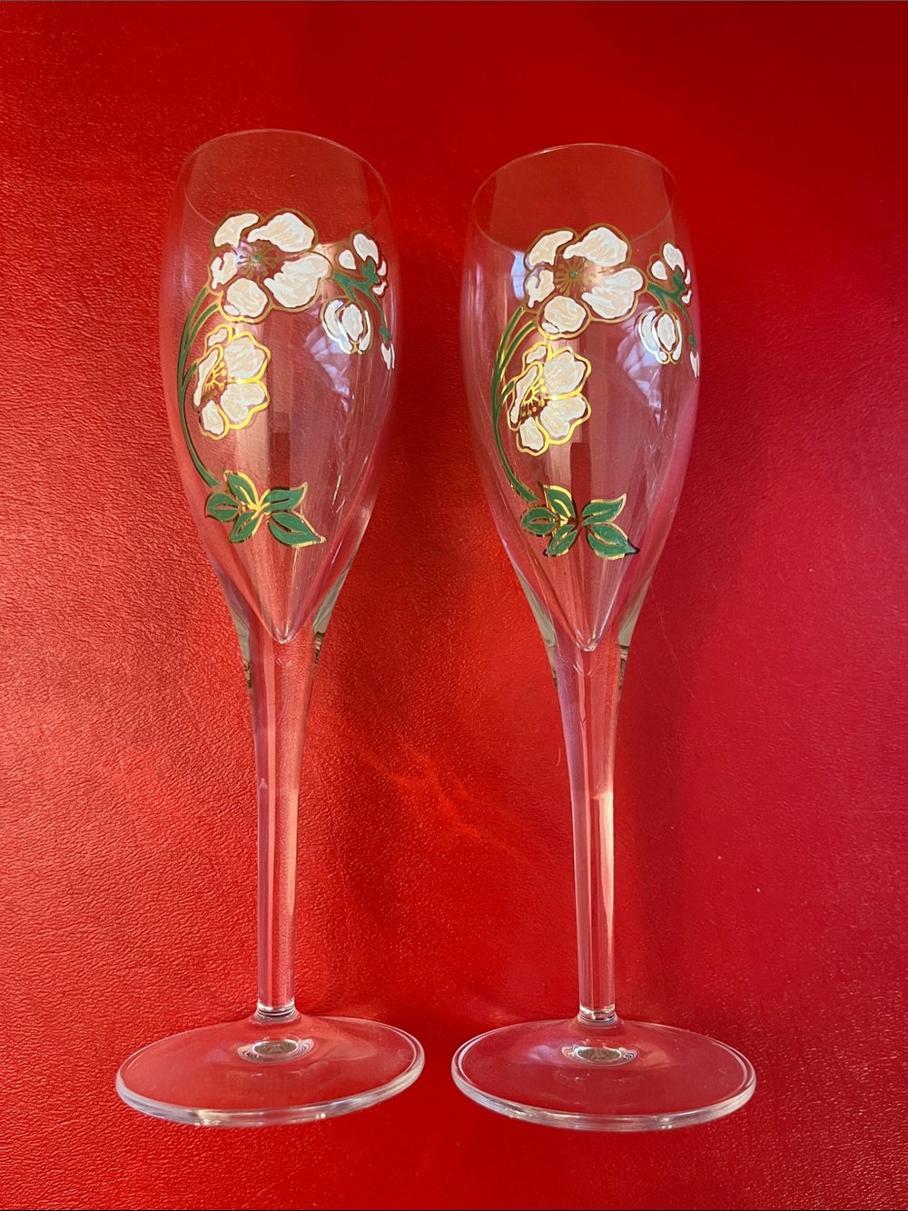 PERRIER JOUET BELLE EPOQUE CHAMPAGNE FLUTES, Hand-Painted Crystal, 7  5/8” set o